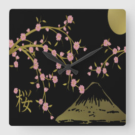 桜とゴールドブラックの日本屏風 スクエア壁時計