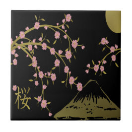 桜とゴールドブラックの日本屏風 タイル