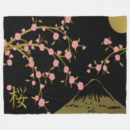 桜とゴールドブラックの日本屏風 フリースブランケット