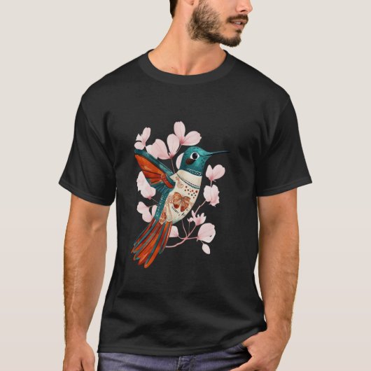 桜とハチドリの鳥 Tシャツ (正面)