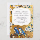 桜とブルーラブバードの金ゴールド結婚ズ 招待状 (正面)