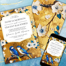 桜とブルーラブバードの金ゴールド結婚ズ 招待状