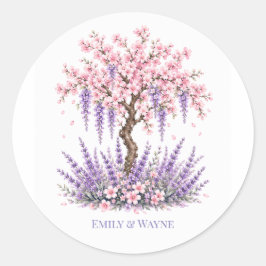 桜とラベンダーの木のウェディング ラウンドシール