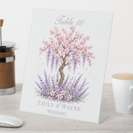 桜とラベンダーの木のウエディングテーブルナンバー 台座サイン