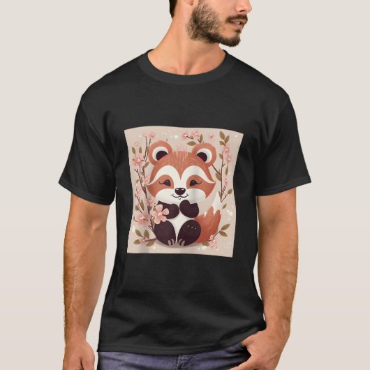 桜とレッサーパンダのイラスト入り野球 Tシャツ (正面)