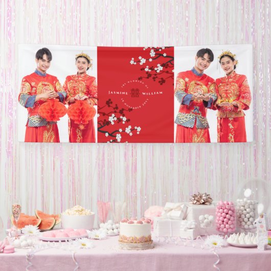 桜と二重の喜び 中国式ウェディング 横断幕 (パーティー)
