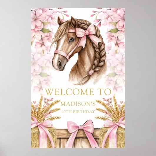 桜と干し草のオーダーメイドの馬のデザイン ポスター (正面)