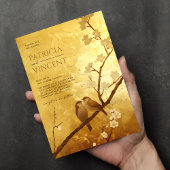 桜と愛の鳥の金ゴールド結婚の 招待状