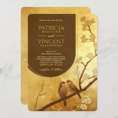 桜と愛の鳥の金ゴールド結婚の 招待状 (正面/裏面)