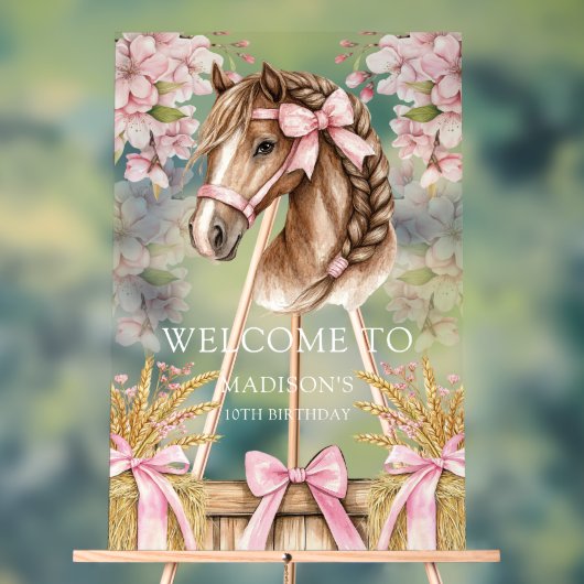 桜と牧草のロマンチックな馬のデザイン アクリルサイン (ニュートラル)