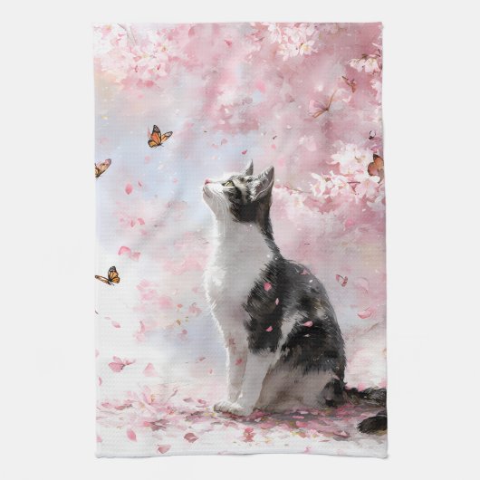 桜と猫と蝶々（１） キッチンタオル (縦)