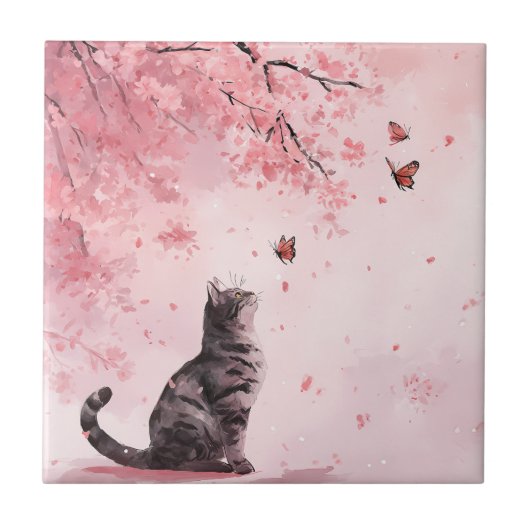 桜と猫と蝶 (12) タイル (正面)