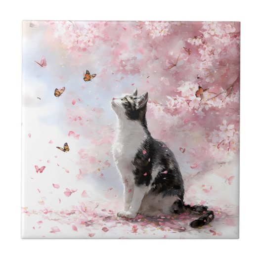 桜と猫と蝶 (1) タイル (正面)
