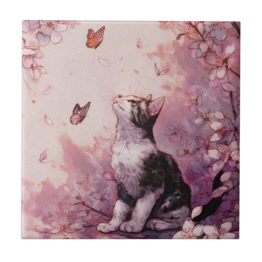 桜と猫と蝶 (2) タイル (正面)