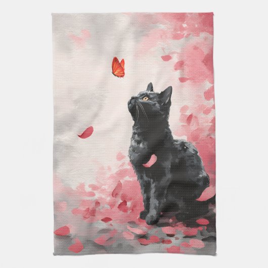 桜と猫と蝶 (3) キッチンタオル (縦)