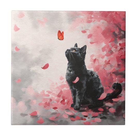 桜と猫と蝶 (3) タイル (正面)