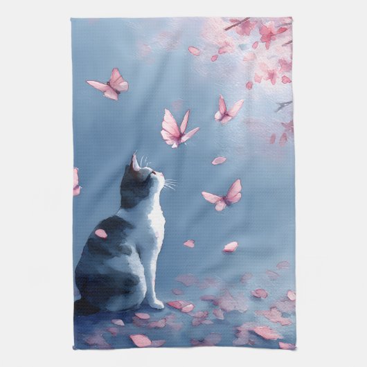 桜と猫と蝶 (4) キッチンタオル (縦)