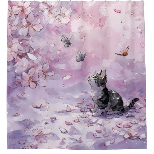 桜と猫と蝶 (5) シャワーカーテン (正面)