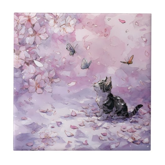 桜と猫と蝶 (5) タイル (正面)