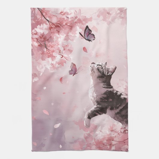 桜と猫と蝶 (7) キッチンタオル (縦)