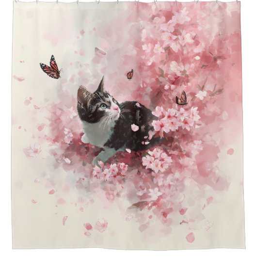 桜と猫と蝶 (8) シャワーカーテン (正面)
