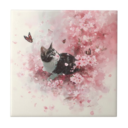 桜と猫と蝶 (8) タイル (正面)