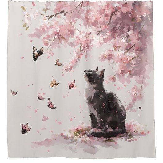 桜と猫と蝶 (9) シャワーカーテン (正面)