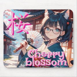 桜と猫耳の少女と扇子 マウスパッド