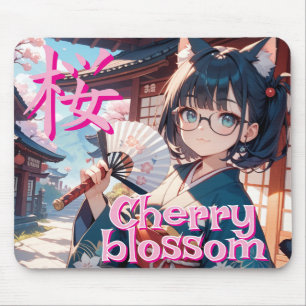 桜と猫耳の少女と扇子 マウスパッド