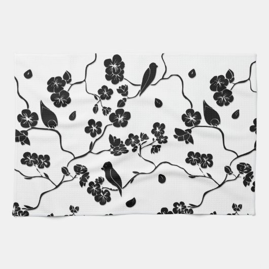 桜と白黒の鳥の模様 キッチンタオル (横)