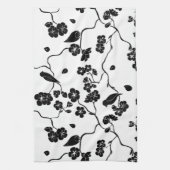 桜と白黒の鳥の模様 キッチンタオル (縦)
