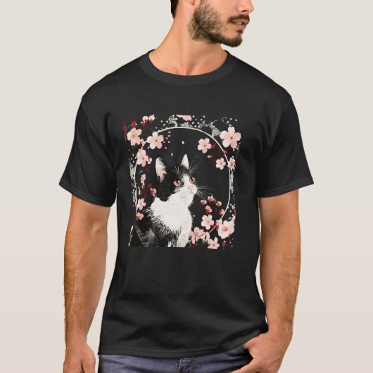 桜と花柄の子猫愛好家 和風アート かわいい猫 Tシャツ (正面)