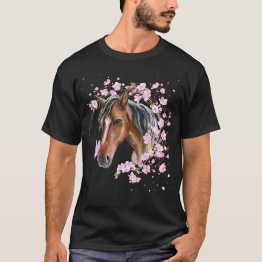 桜と茶色の馬 馬 花 Tシャツ (正面)