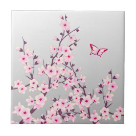桜と蝶の花柄 ピンクグレー タイル