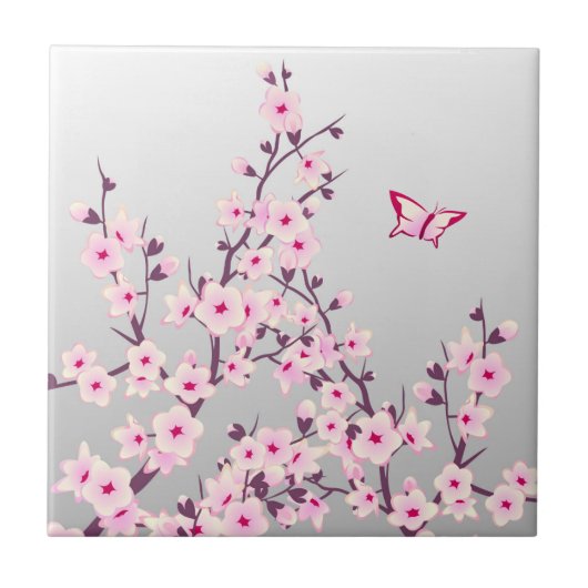 桜と蝶の花柄 ピンクグレー タイル (正面)