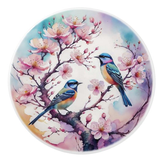 桜と鳥の和風家具取っ手 セラミックノブ (正面)