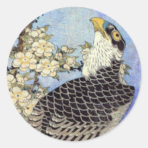 桜にハヤブサ、《鳥》ハヤブサとさくらんぼの花、北斎浮世絵 ラウンドシール