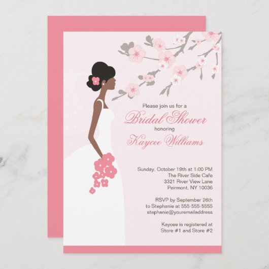 桜のアフリカ系アメリカ人のブライダルシャワー 招待状 (正面/裏面)