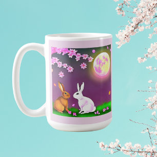 桜のウサギがさくらんぼの木とピンクの月の下 コーヒーマグカップ