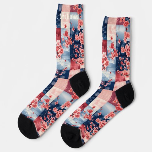 桜のパッチワークソックス 青とピンクのエレガンス ソックス (左)