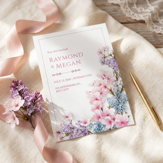 桜のピンクと白い漆喰の植物ボーダー ウェディング 招待状