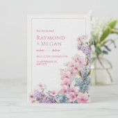 桜のピンクと白い漆喰の植物ボーダー ウェディング 招待状 (スタンド正面)