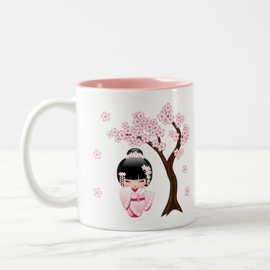 桜のピンクの着物の可愛いこけし人形 ツートーンマグカップ (左)