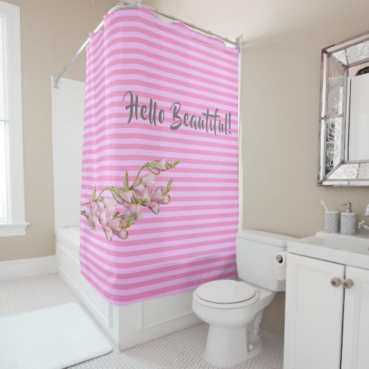 桜のピンクストライプ Hello Beautiful! シャワーカーテン (インサイチュ)