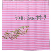桜のピンクストライプ Hello Beautiful! シャワーカーテン (正面)