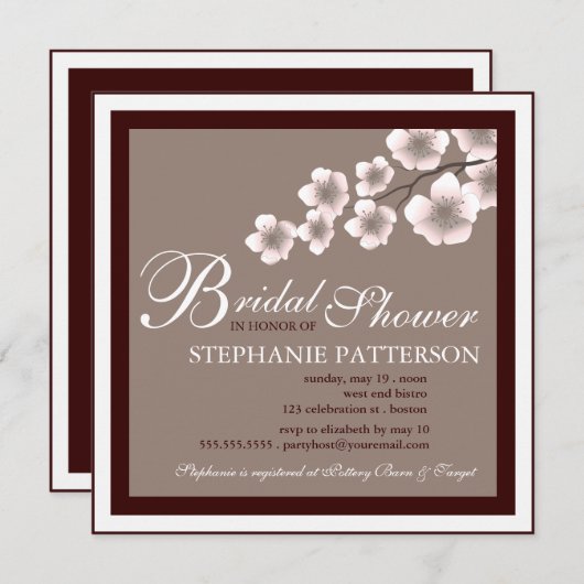桜のブライダルシャワーの招待状のピンクブラウン 招待状 (正面/裏面)