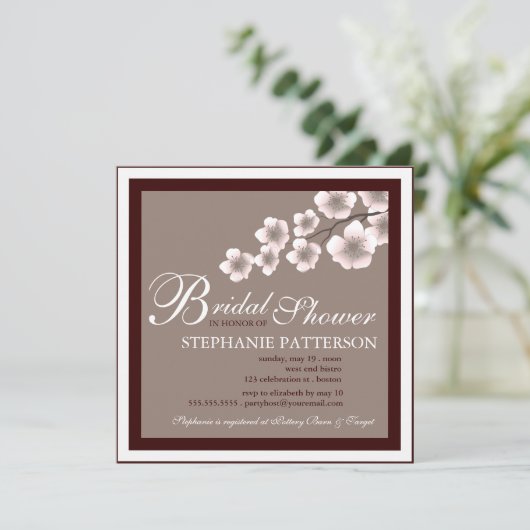桜のブライダルシャワーの招待状のピンクブラウン 招待状 (スタンド正面)
