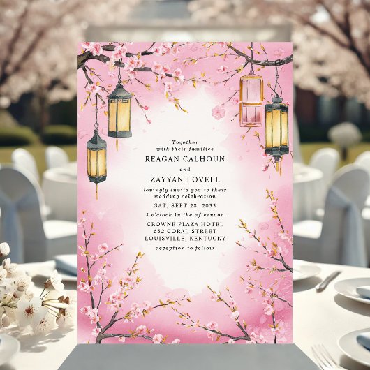 桜のランプ ピンクの春の結婚式 招待状