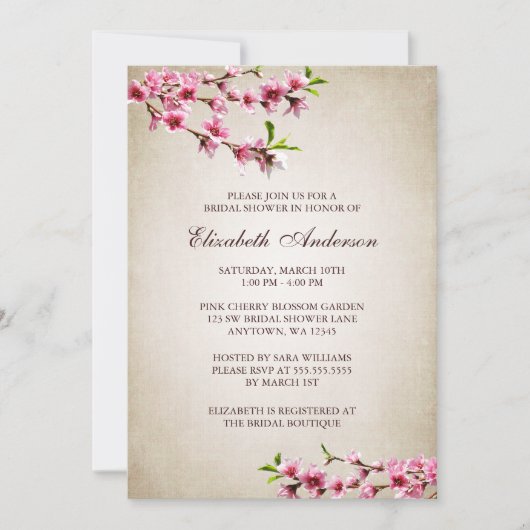 桜のヴィンテージのタンのピンクのブライダルシャワー 招待状 (正面)