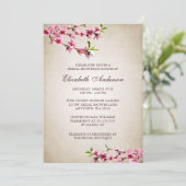 桜のヴィンテージのタンのピンクのブライダルシャワー 招待状 (スタンド正面)